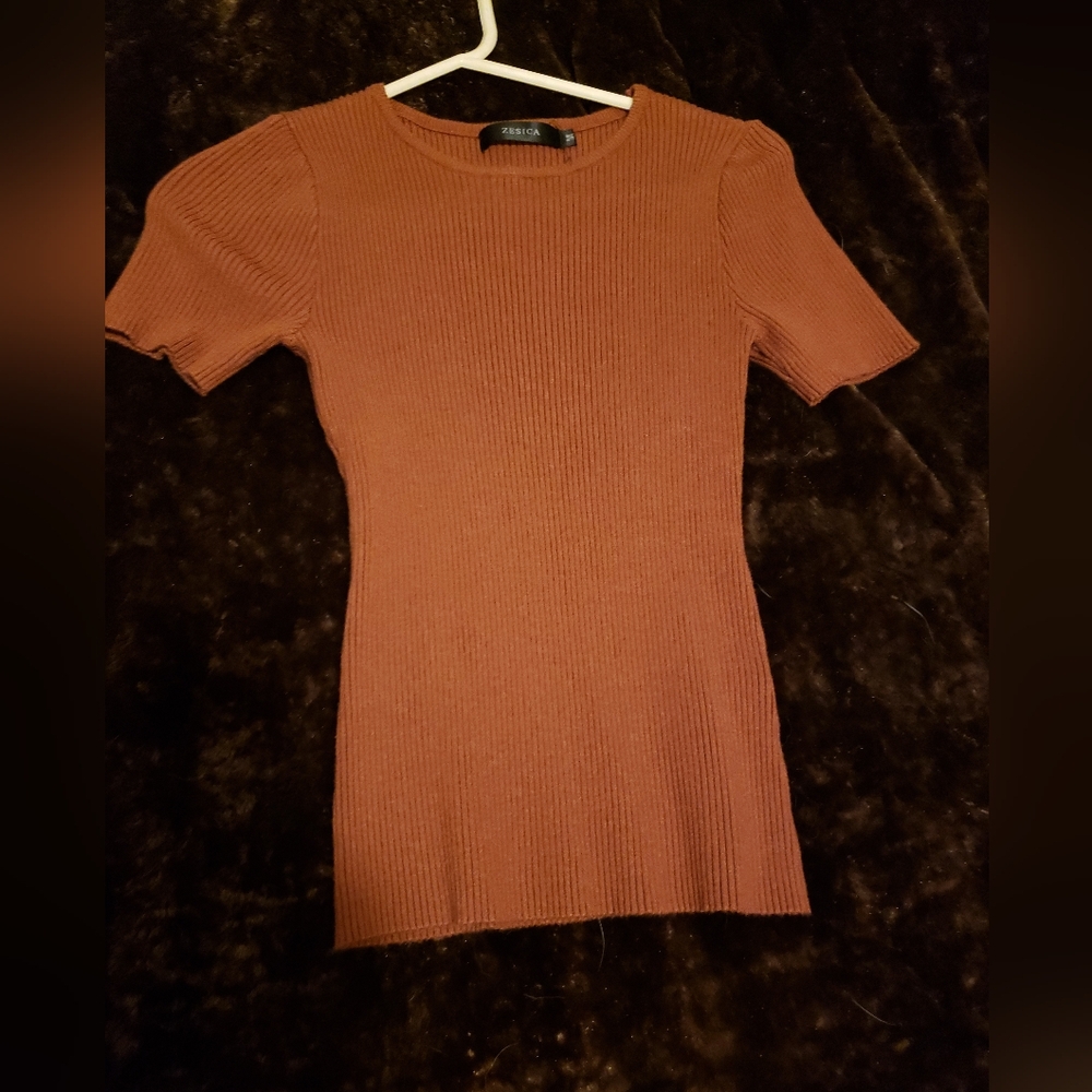 Brown Ribbed Fitted Short Sleeve Tee
